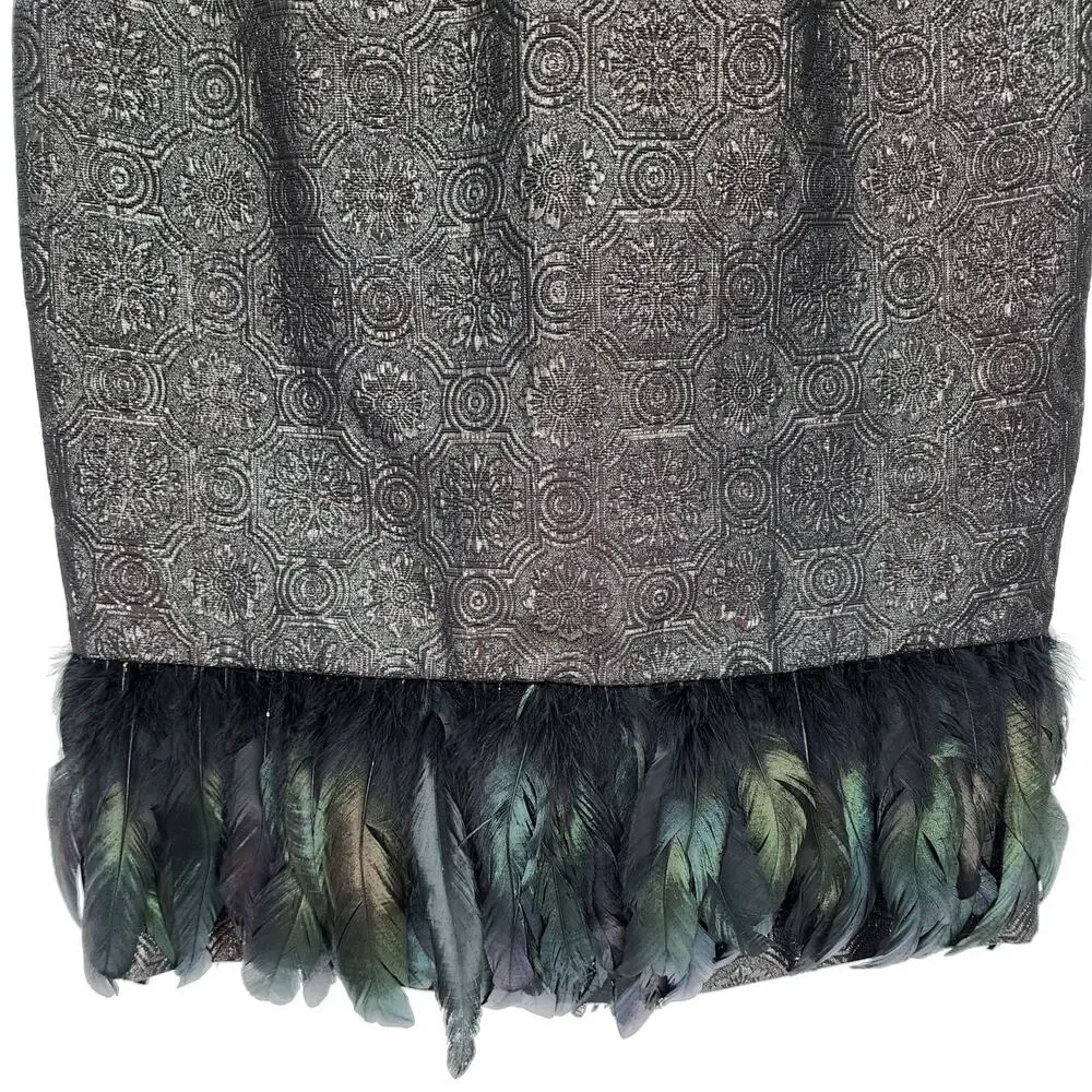 Badgley Mischka Feather Hem Cocktail Dress 10 Metallic Brocade Sleeveless Black - Picture 7 of 11